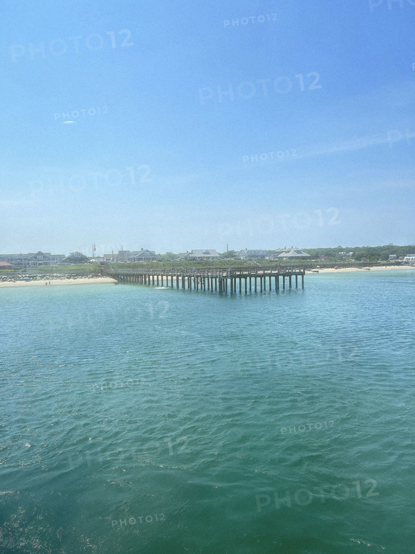 View of Oak Bluffs pier from ferry boat, Martha's Vineyard, Massachusetts, USA