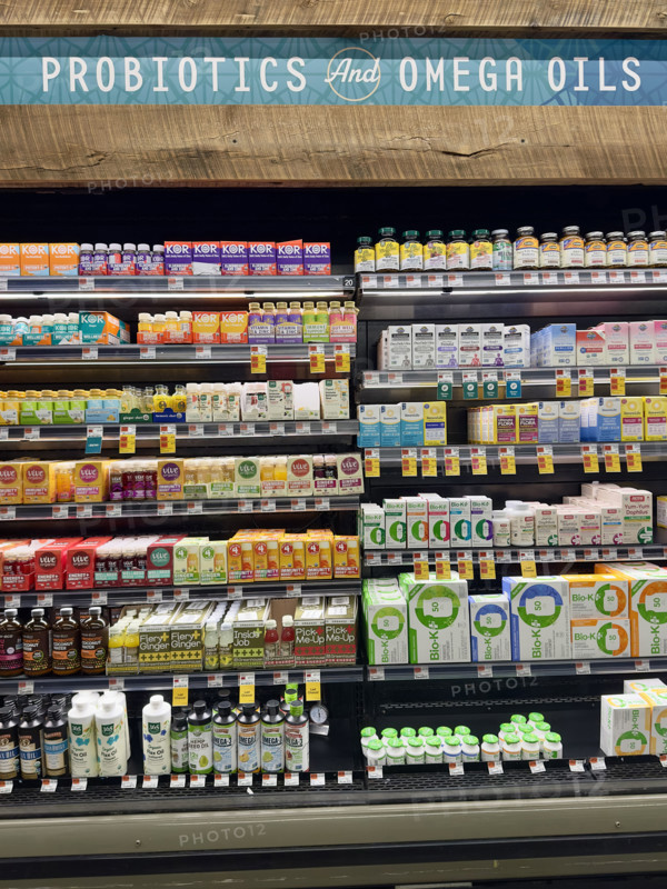 Probiotic and omega oils products on store shelves