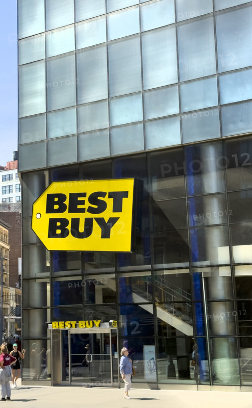 Best Buy retail store, company logo on building exterior, Manhattan, New York City