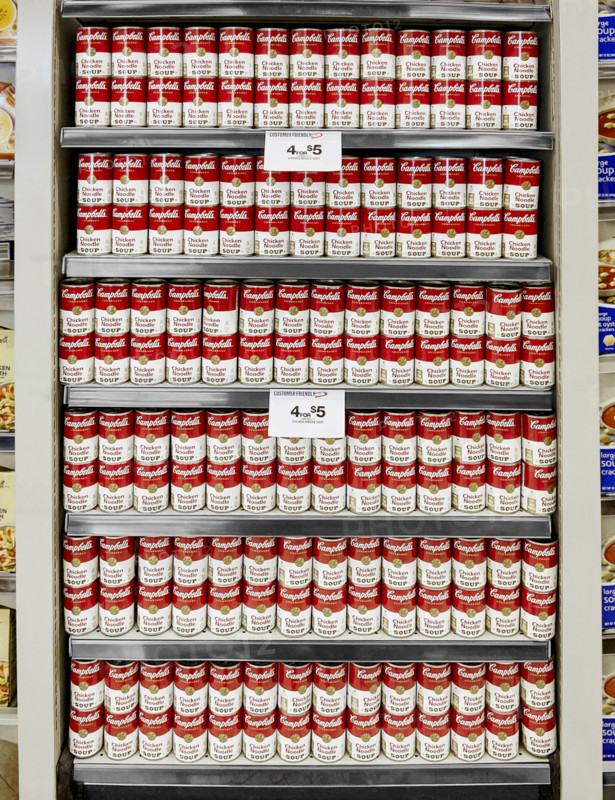Rows of Campbell soup cans in supermarket