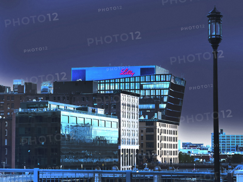 Cityscape featuring Lilly Seaport Innovation Center at dusk, Seaport District, Boston