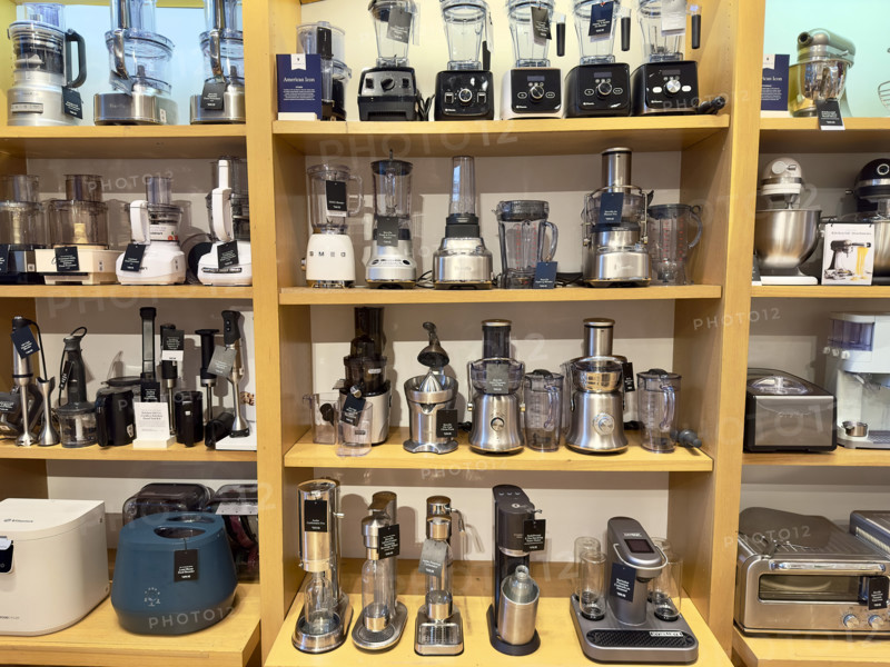 Assortment of blenders and mixers on display shelves, New York City