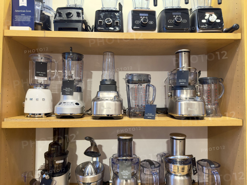 Assortment of blenders and mixers on display shelves, New York City