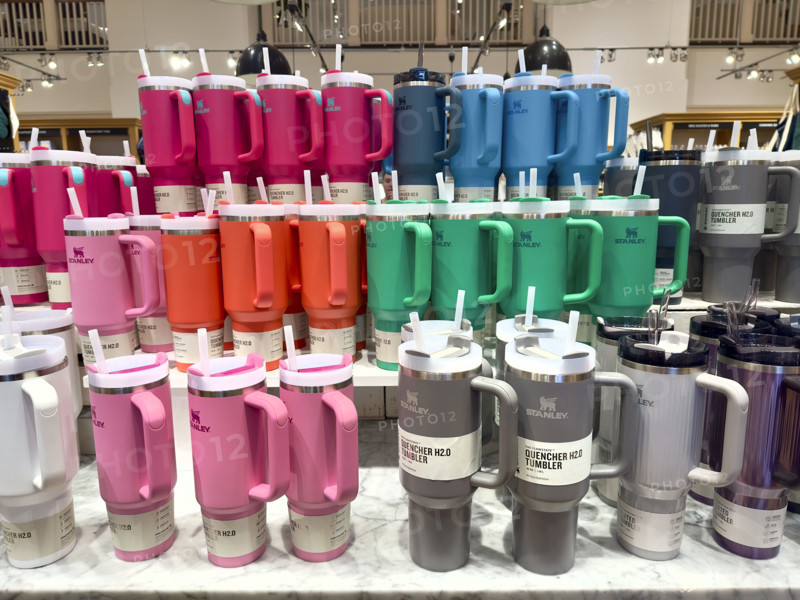 Assortment of insulated mugs and tumbers on display, New York City