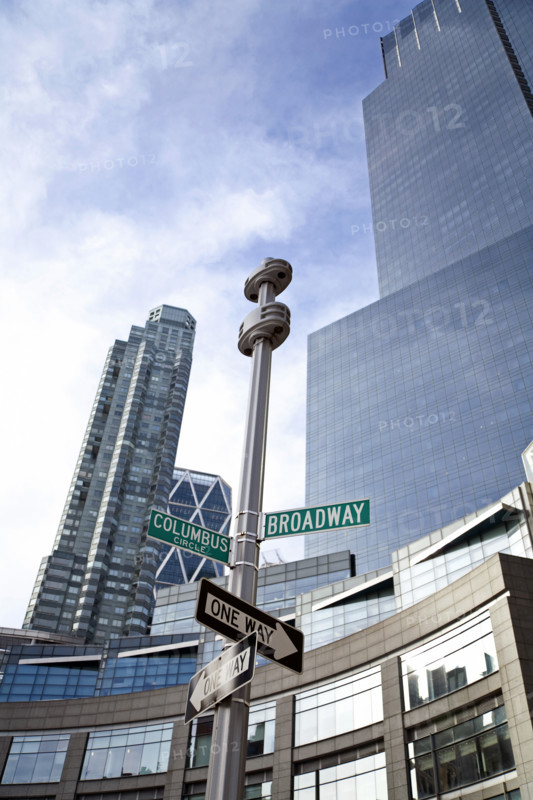 Low angle view of cityscape at Columbus Circle and Broadway, New York City