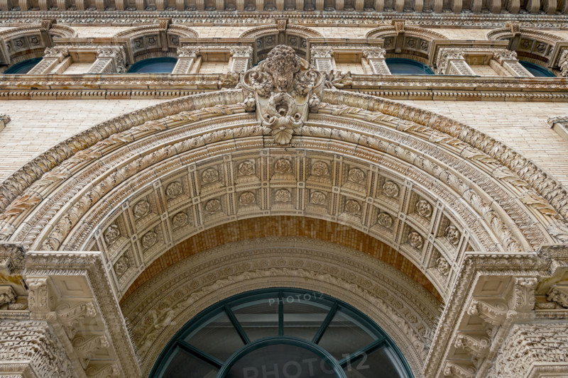 Market Arcade building, ornate exterior detail, low angle view, Buffalo, New York, USA