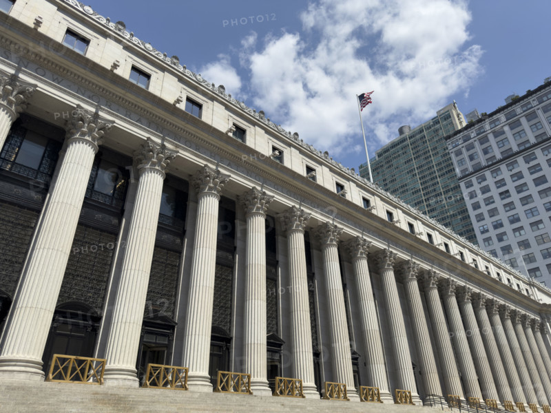 U.S. General Post Office, James A. Farley Building, building exterior with Corinthian columns and American flag, Eighth Avenue, Manhattan, New York City, New York, USA