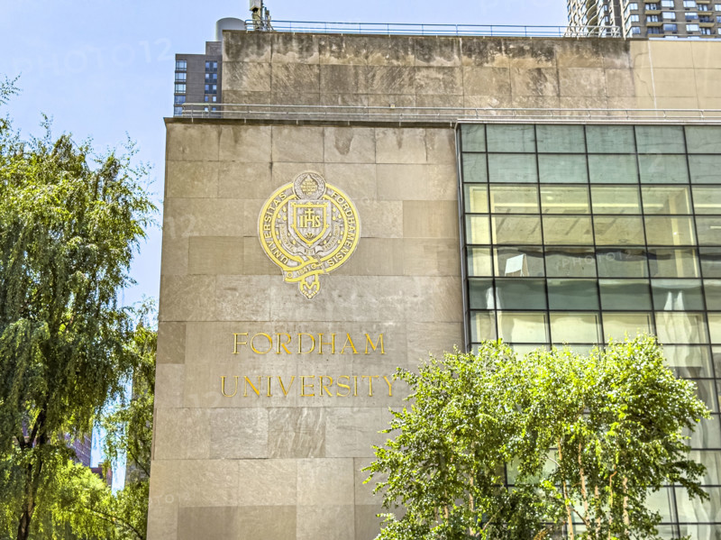 Fordham University, Gabelli School of Business, Student Affairs and Gerald M. Quinn Library, building exterior detail, 150 West 62nd Street, Manhattan, New York City, New York, USA