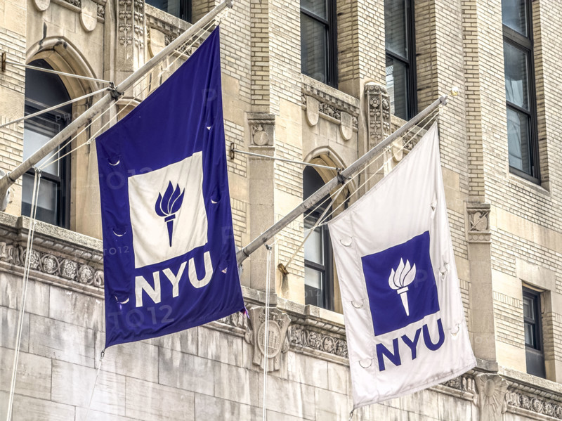 Two NYU flags flying above entrance to Frederick Loewe Theatre, New York University, 35 West 4th Street, Greenwich Village, Manhattan, New York City, New York, USA