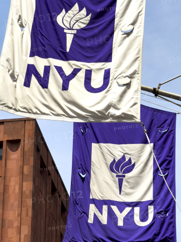 Two NYU banners, New York University, Greenwich Village, Manhattan, New York City, New York, USA