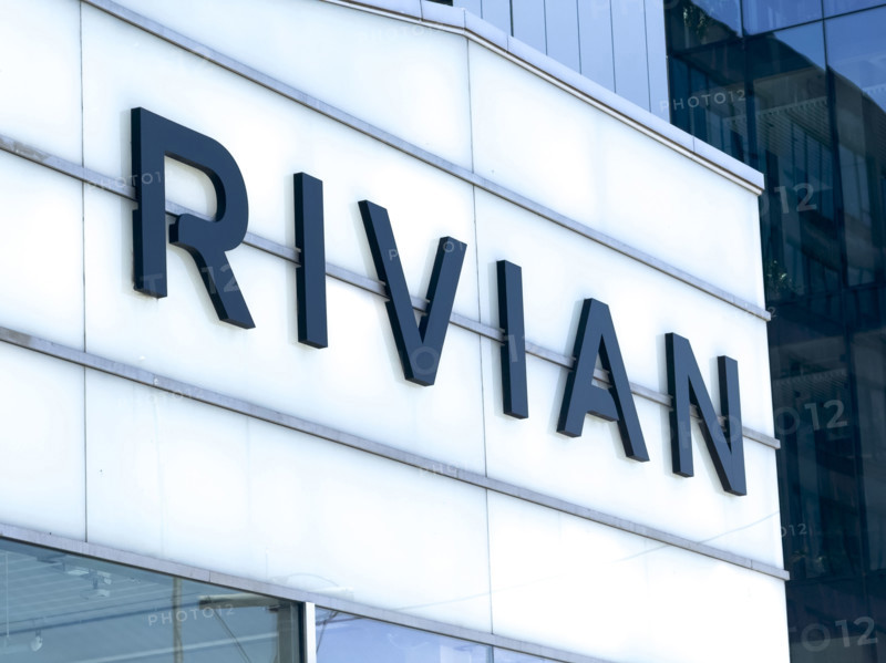 Rivian electric vehicle showroom, building exterior detail, 461 West 14th Street, Meatpacking District, Manhattan, New York City, New York, USA