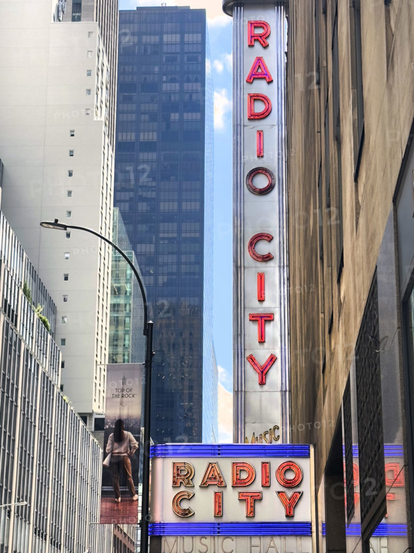Radio City Music Hall, building exterior detail, low angle view, Manhattan, New York City, New York, USA