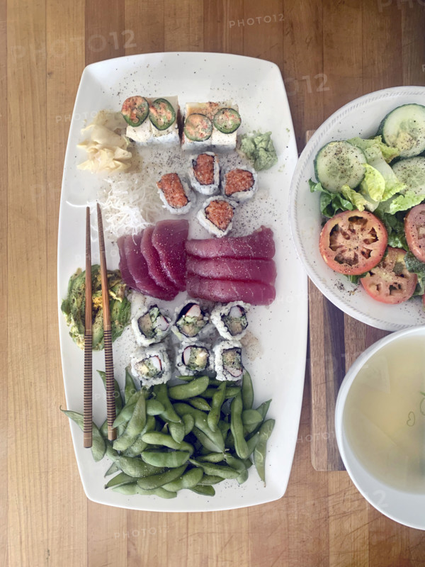 Plate of sushi, high angle view