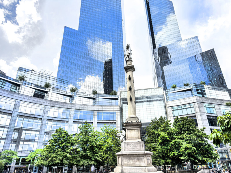 Deutsche Bank Center, building exterior to the left, Mandarin Oriental Hotel, building exterior to the right, Christopher Columbus statue in foreground, Columbus Circle, Manhattan, New York City, New York, USA