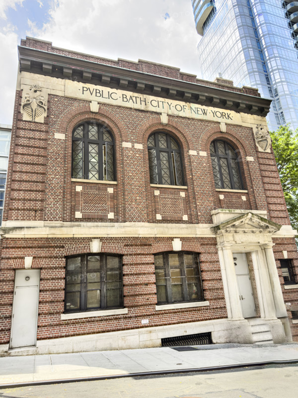 Gertrude Ederle Recreation Center, formerly a public bathhouse, building exterior with inscription Public Bath City of New York, 232 West 60th Street, Manhattan, New York City, New York, USA