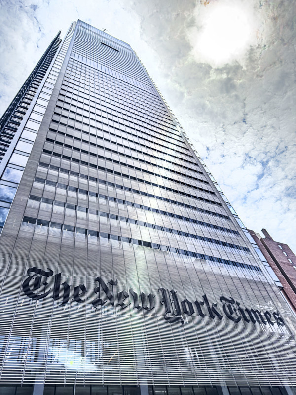 The New York Times Building against dramatic sky, low angle view, 620 Eighth Avenue, Manhattan, New York City, New York, USA