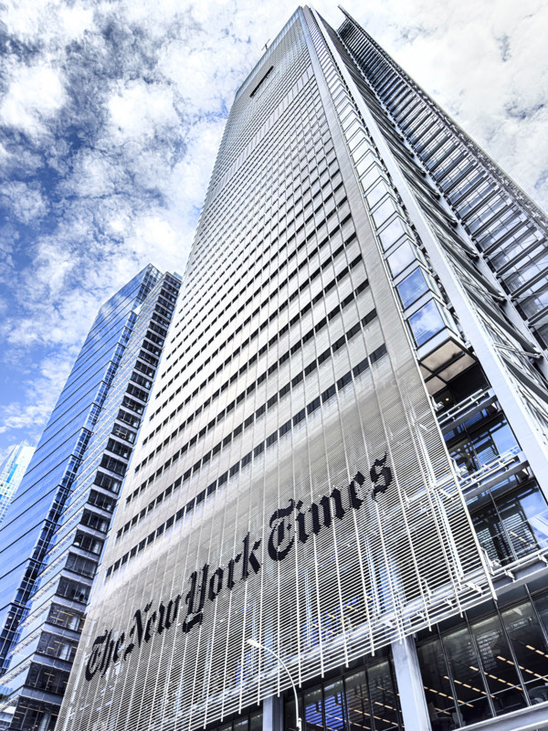 The New York Times Building against cloudy sky, low angle view, 620 Eighth Avenue, Manhattan, New York City, New York, USA