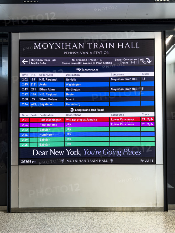Digital train departure information for Long Island Rail Road, Amtrak and New Jersey Transit, Moynihan Train Hall, Pennsylvania Station, Manhattan, New York City, New York, USA