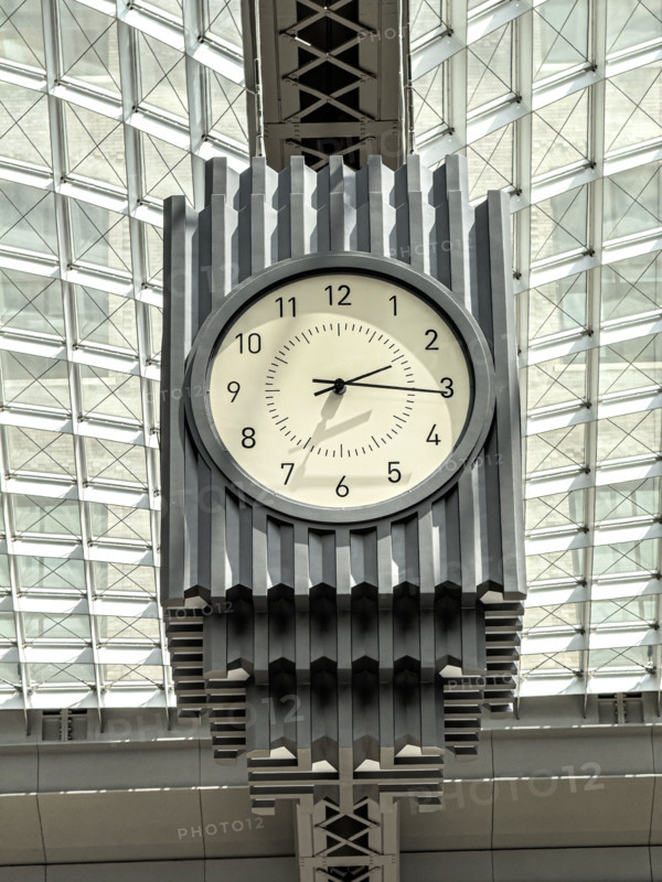 Skylight and hanging 4-sided clock above passenger concourse, Moynihan Train Hall, Pennsylvania Station, Manhattan, New York City, New York, USA