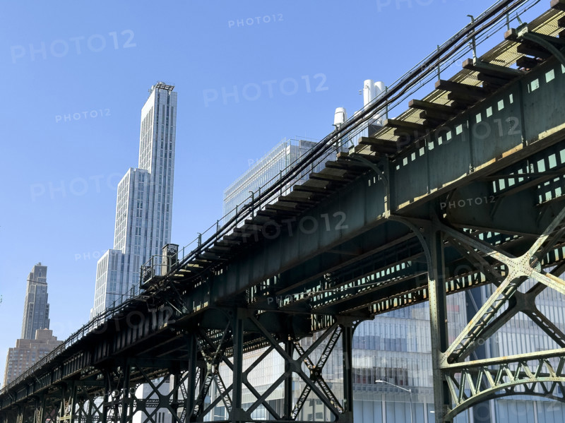 Cityscape including 34-story residential tower and elevated subway, Columbia University, Manhattanville Campus, 600 West 125th Street, West Harlem, New York City, New York, USA