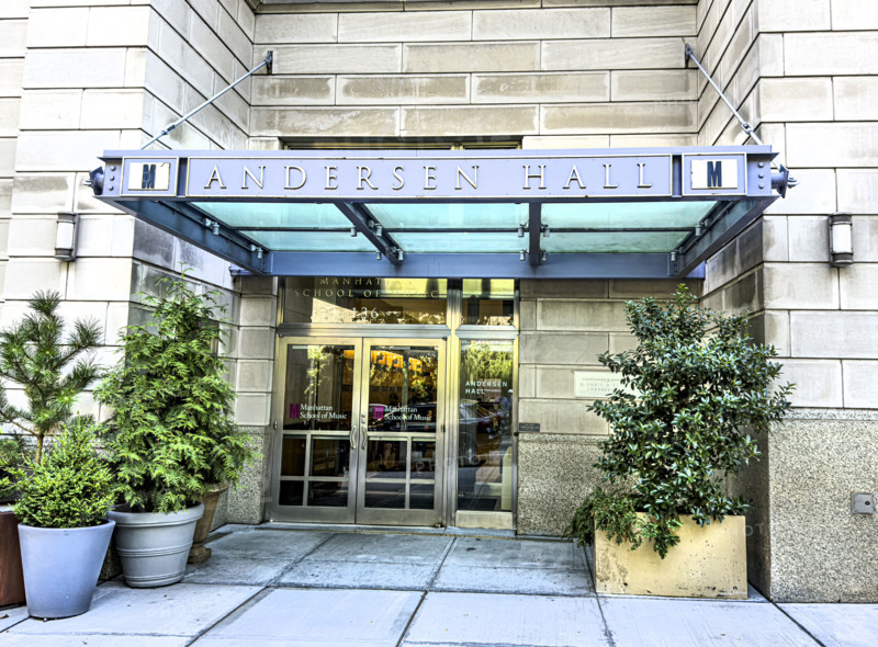 Andersen Residence Hall, Manhattan School of Music, building exterior, low angle view, 136 Claremont Avenue, Morningside Heights, Manhattan, New York City, New York, USA