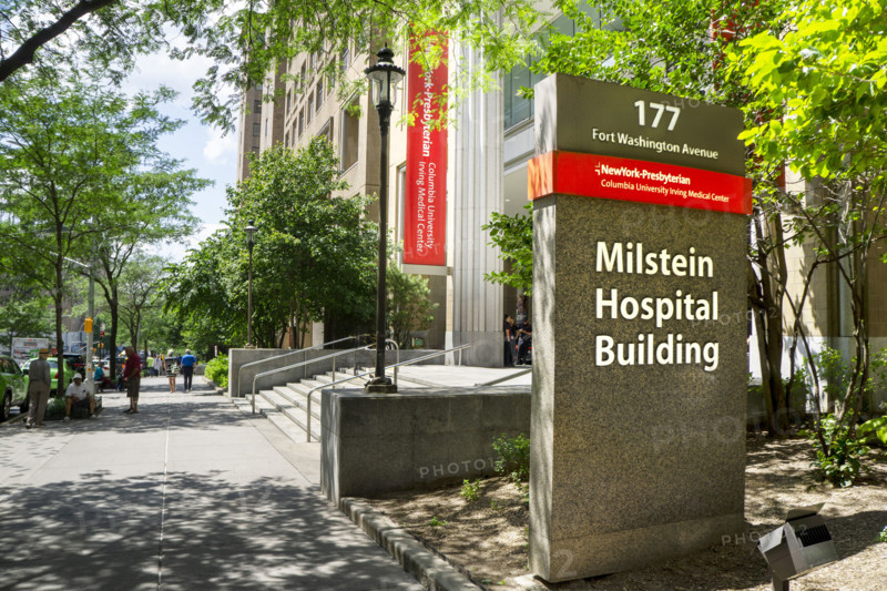 Milstein Hospital Building, building exterior sign and sidewalk scene, New York-Presbyterian Hospital/Columbia University Irving Medical Center, 177 Fort Washington Avenue, Washington Heights, Manhattan, New York City, New York, USA