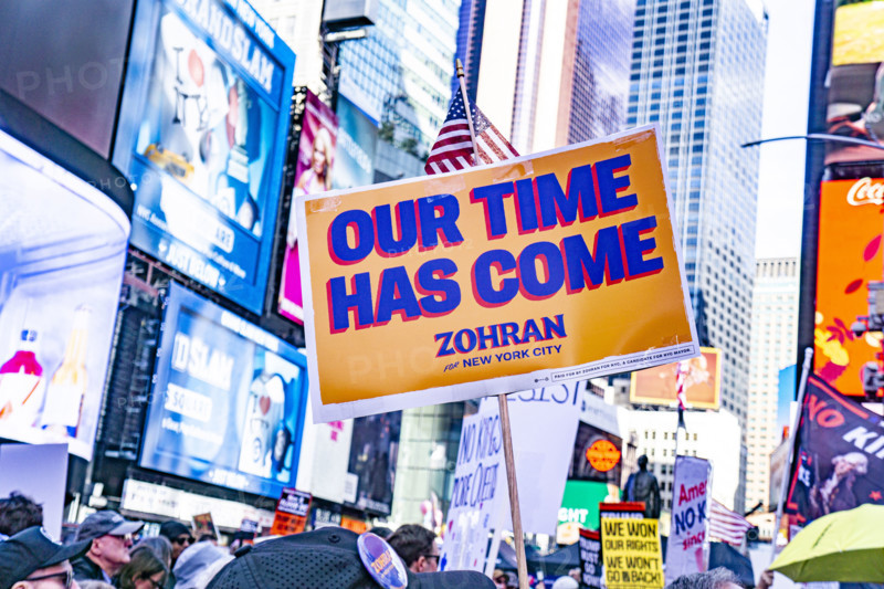 Demonstrators participating in "No Kings" Protest March, Times Square, Manhattan, New York City, New York, USA, October 1, 2025