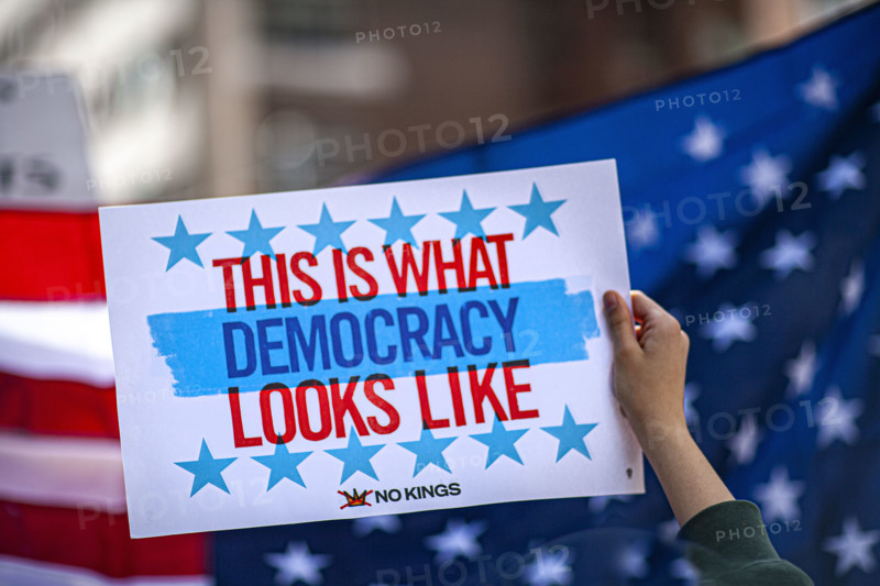 Demonstrators participating in "No Kings" Protest March, Times Square, Manhattan, New York City, New York, USA, October 1, 2025