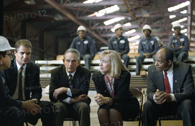 U.S. First Lady Hilary Clinton participating in health care costs discussion with Glazer Steel Company management and employees in the company's warehouse, New Orleans, Louisiana, USA, Bob McNeely, White House Photographer, March 4, 1993