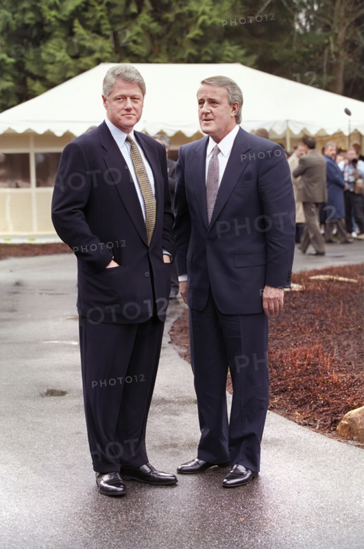 U.S. President Bill Clinton meeting with Canadian Prime Minister Brian Mulroney outside the University of British Columbia President's residence, Vancouver, British Columbia, Canada, Bob McNeely, White House Photographer, April 3, 1993