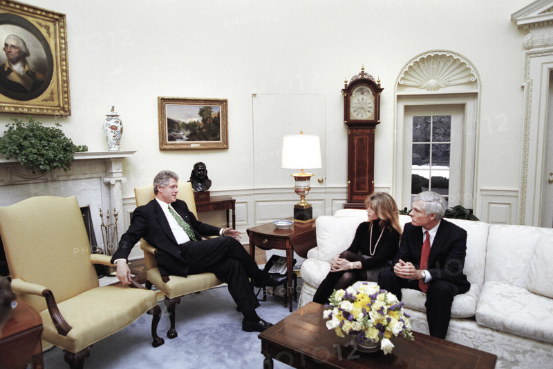 U.S. President Bill Clinton meeting with American Actress Jane Fonda and American media entrepreneur Ted Turner in the Oval Office of the White House, Washington, D.C., USA, Bob McNeely, White House Photographer, March 17, 1993