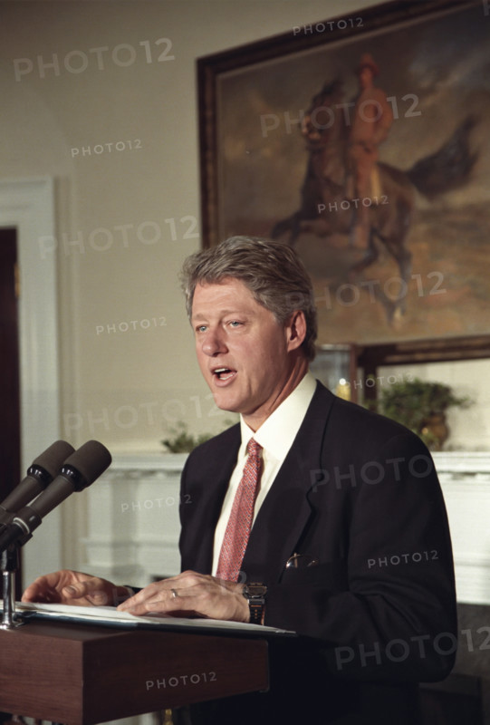 U.S. President Bill Clinton giving speech in Roosevelt Room of the White House, Washington, D.C., USA, Bob McNeely, White House Photographer, January 22, 1993