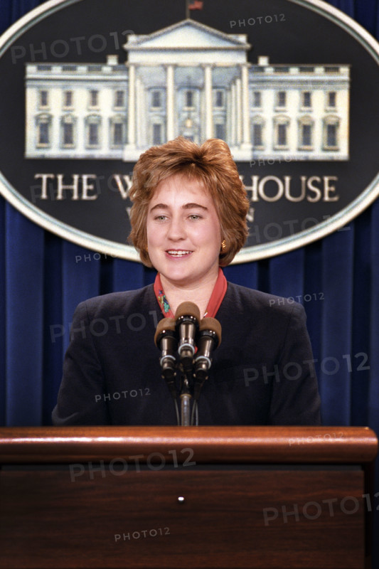 U.S. Press Secretary Dee Dee Myers briefing the press, White House, Washington, D.C., USA, Ralph Alswang, White House Photographer, February 25, 1993