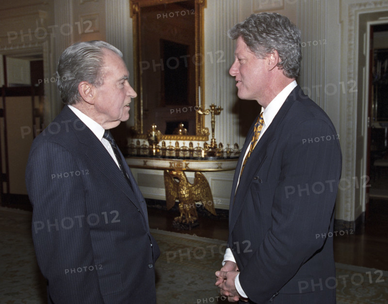 U.S. President Bill Clinton meeting with former U.S. President Richard Nixon in private residence, White House, Washington, D.C., USA, Bob McNeely, White House Photographer, March 8, 1993