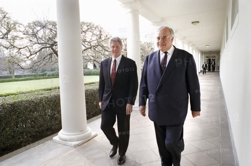 U.S. President Bill Clinton and German Chancellor Helmut Kohl walking along the colonnade at the White House, Washington, D.C., USA, Barbara Kinney, White House Photographer, March 26, 1993