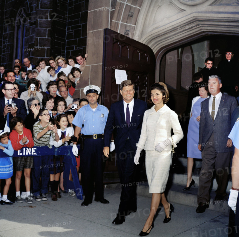 U.S. President John F. Kennedy and U.S. First Lady Jacqueline Kennedy leaving St. Mary’s Church after attending mass, Newport, Rhode Island, USA, Robert Knudsen, White House Photographs, October 1, 1961