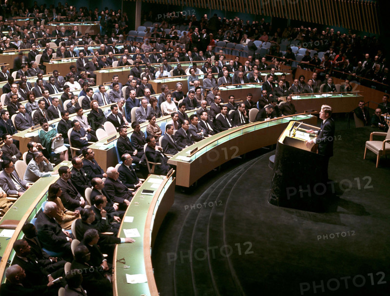U.S. President John F. Kennedy addressing the delegates of  the General Assembly of the United Nations, General Assembly Hall, United Nations Headquarters, New York City, New York, USA, Cecil Stoughton, White House Photographs, September 25, 1961