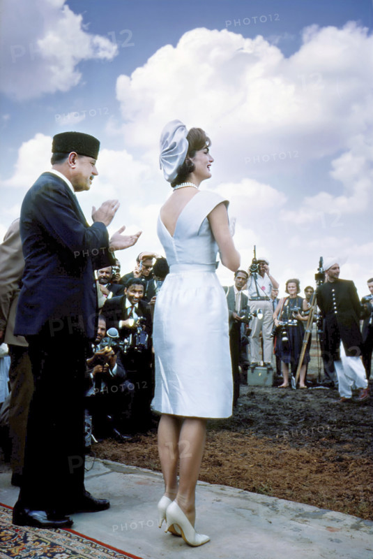 U.S. First Lady Jacqueline Kennedy (center) and President of Pakistan Mohammad Ayub Khan (left) attending Ninth Annual Pakistani National Horse and Cattle Show, Fortress Stadium, Lahore, Punjab, Pakistan, Cecil Stoughton, White House Photographs, March 22, 1962