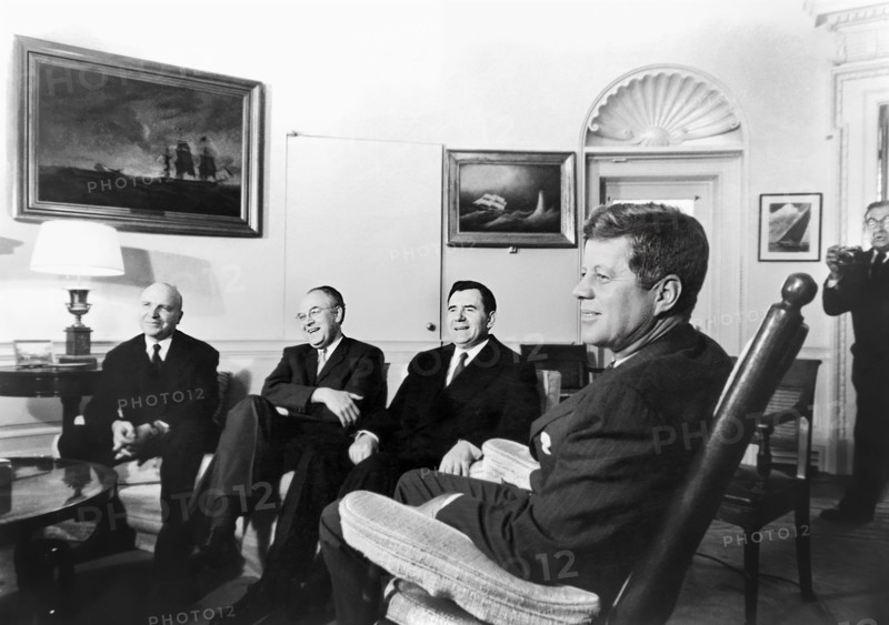 U.S. President John F. Kennedy (right) meeting with Minister of Foreign Affairs of the Soviet Union Andrei Gromyko (seated to the left of Kennedy), Deputy Minister of Foreign Affairs of the Soviet Union, Vladimir S. Semenov (seated far left) and Soviet Ambassador to the U.S., Anatoliy Fedorovich Dobrynin, (seated 2nd left), Oval Office, White House, Washington, D.C., USA, Cecil Stoughton, White House Photographs, October 18, 1962