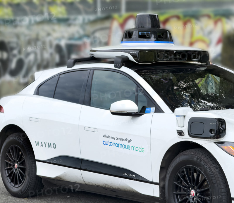 Waymo driverless test car, a Jaguar I-PACE electric vehicle, Meatpacking District, Manhattan, New York City, New York, USA