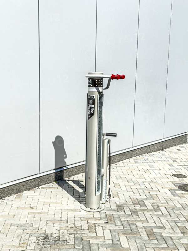 Bicycle tire pump and repair stand along urban bicycle path, Manhattan, New York City, New York, USA
