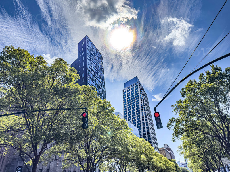 Chelsea Nouvel residential building (left), 100 Eleventh Avenue, One High Line residential building (right), 500 West 18th Street, low angle view, Chelsea, Manhattan, New York City, New York, USA