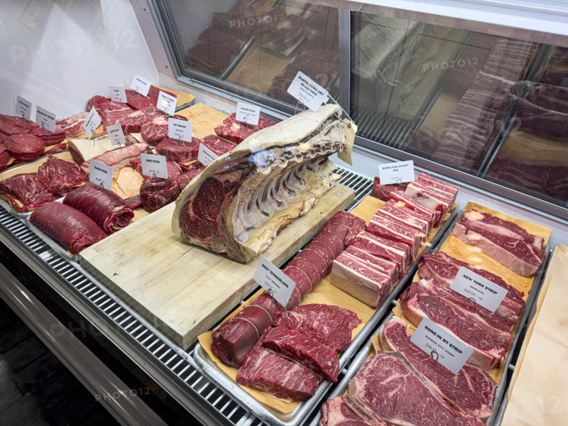 Raw meat display case, Dickson's Farmstand Meats, Chelsea Market, Chelsea, Manhattan, New York City, New York, USA