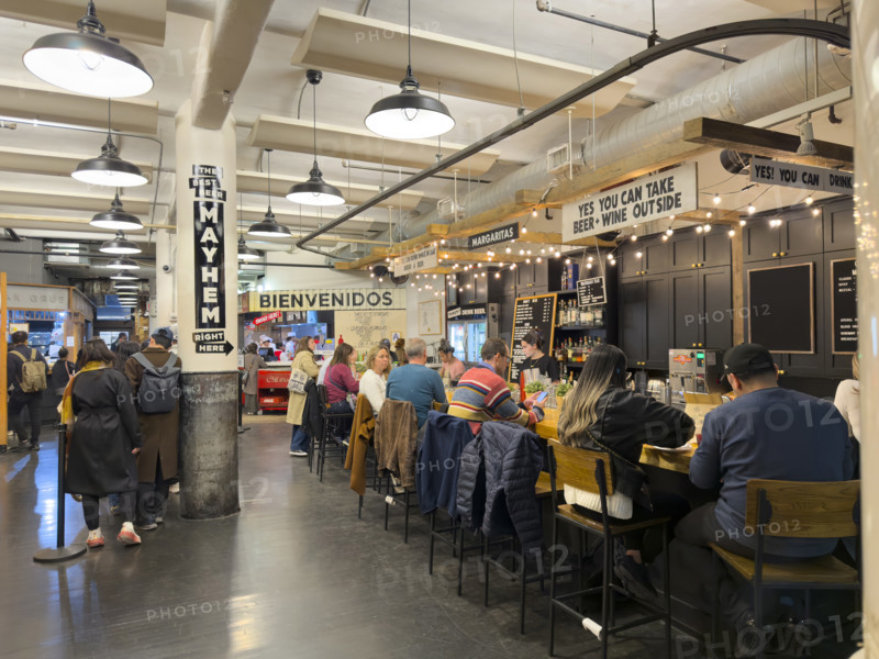 Los Tacos #1 (background, right), Mayhem Beer and Sandwiches, (foreground, right), Chelsea Market, Ninth Avenue, Chelsea, Manhattan, New York City, New York, USA