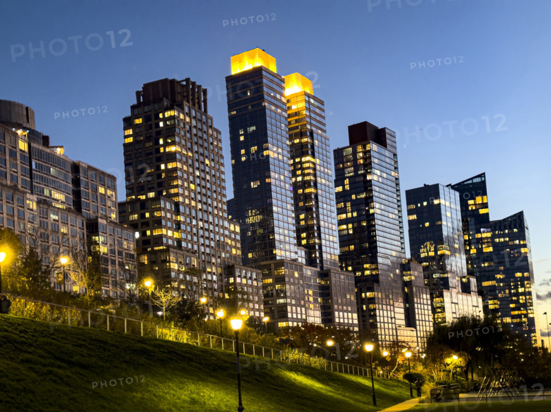 Row of apartment buildings along Riverside Park South at Night, Upper West Side, Manhattan, New York City, New York, USA