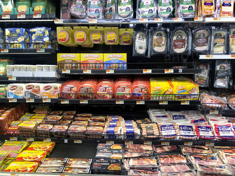 Packaged meat section at grocery store