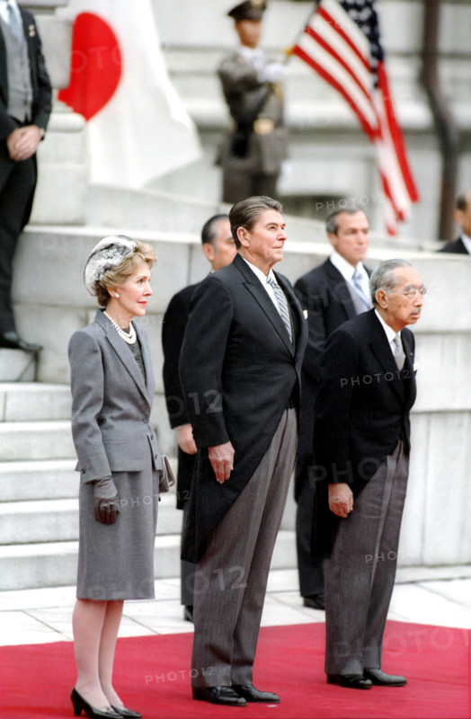 U.S. President Ronald Reagan, U.S. First Lady Nancy Reagan and Japanese Emperor Hirohito at Akasaka Palace, Tokyo, Japan, President Ronald Reagan White House Photographic Office, November 8, 1983