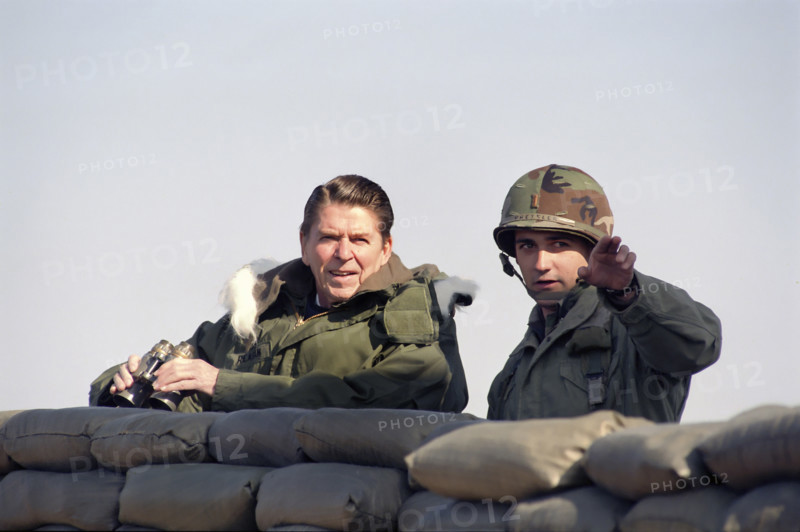 U.S. President Ronald Reagan with U.S. troops, Camp Liberty Bell, The Demilitarized Zone, South Korea, President Ronald Reagan White House Photographic Office, November 13, 1983