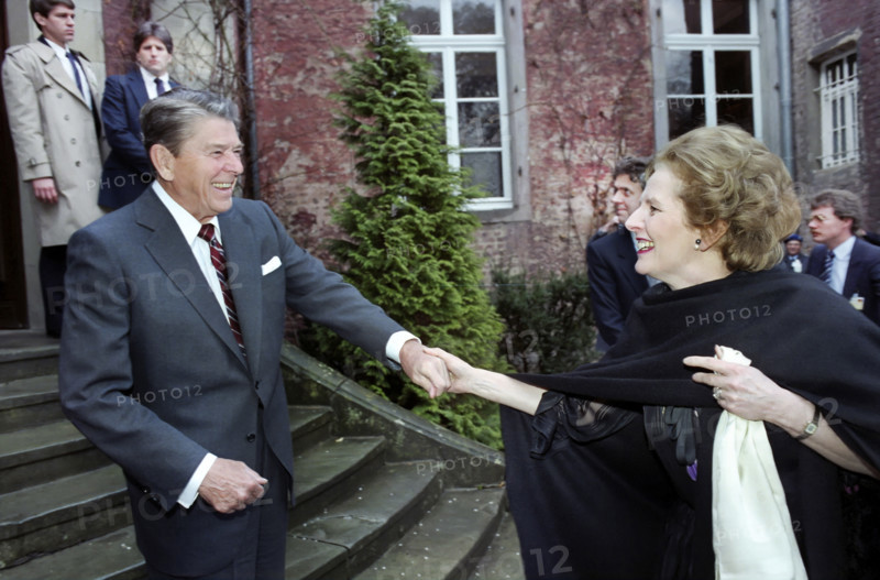 U.S. President Ronald Reagan greeting British Prime Minister Margaret Thatcher for a bilateral meeting at Schloss Gymnich, Bonn, Federal Republic of Germany, President Ronald Reagan White House Photographic Office, May 2, 1985