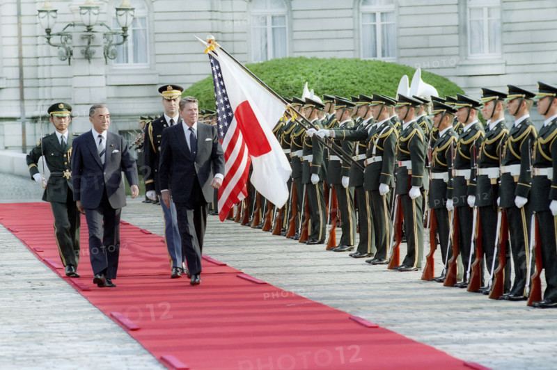 U.S. President Ronald Reagan reviewing troops with Japanese Prime Minister Yasuhiro Nakasone at arrival ceremony, Akasaka Palace, Tokyo, Japan, President Ronald Reagan White House Photographic Office, May 4, 1986
